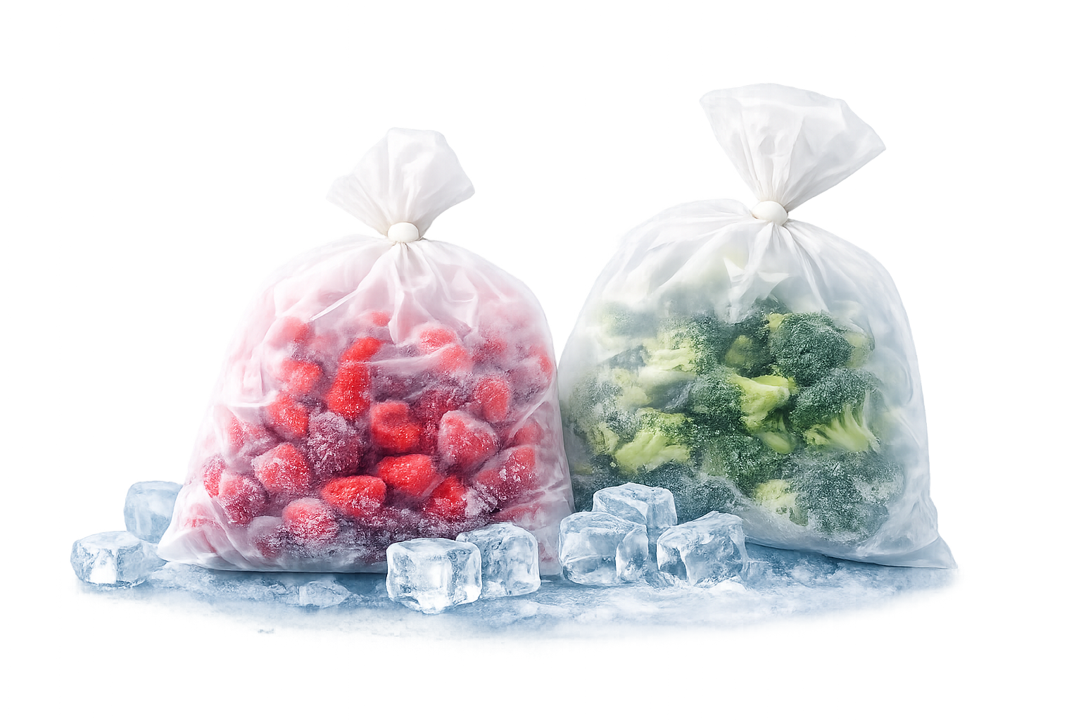 Zwei Gefrierbeutel mit tiefgekühlten Erdbeeren und Brokkoli auf Eiswürfeln, passend zur Aufbewahrung im Tiefkühler