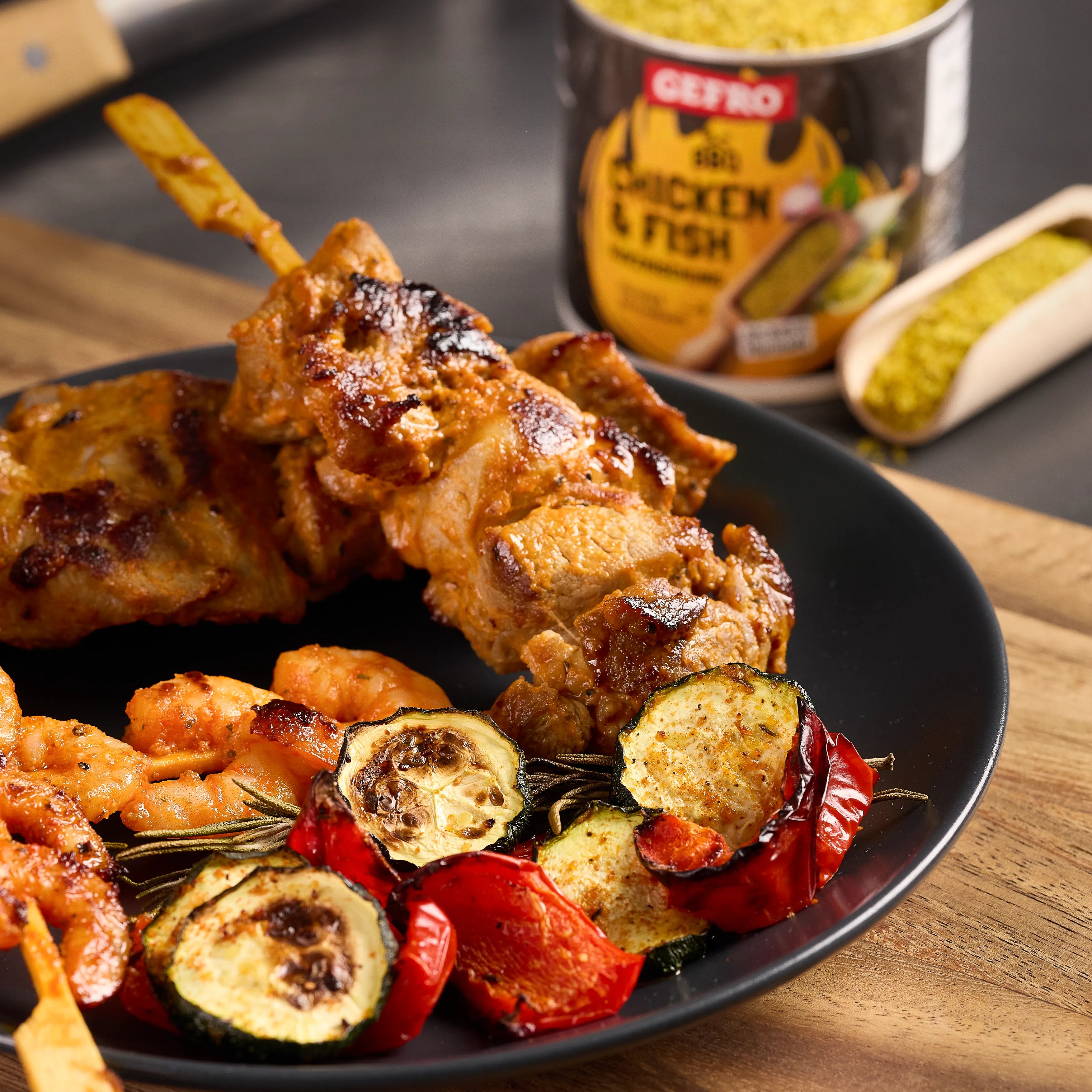 Gegrillte Hähnchenspieße und Garnelen mit Zucchini und Paprika auf schwarzem Teller, Gewürzdose im Hintergrund
