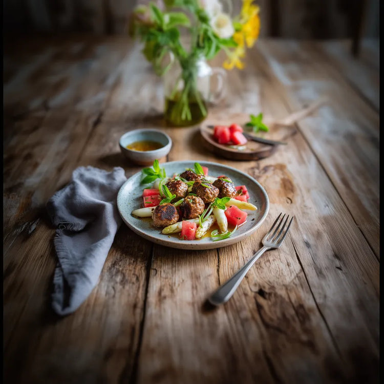 Teller mit Fleischbällchen, Spargel und Wassermelone auf Holztisch, dazu Gabel, Schale und Blumen im Hintergrund