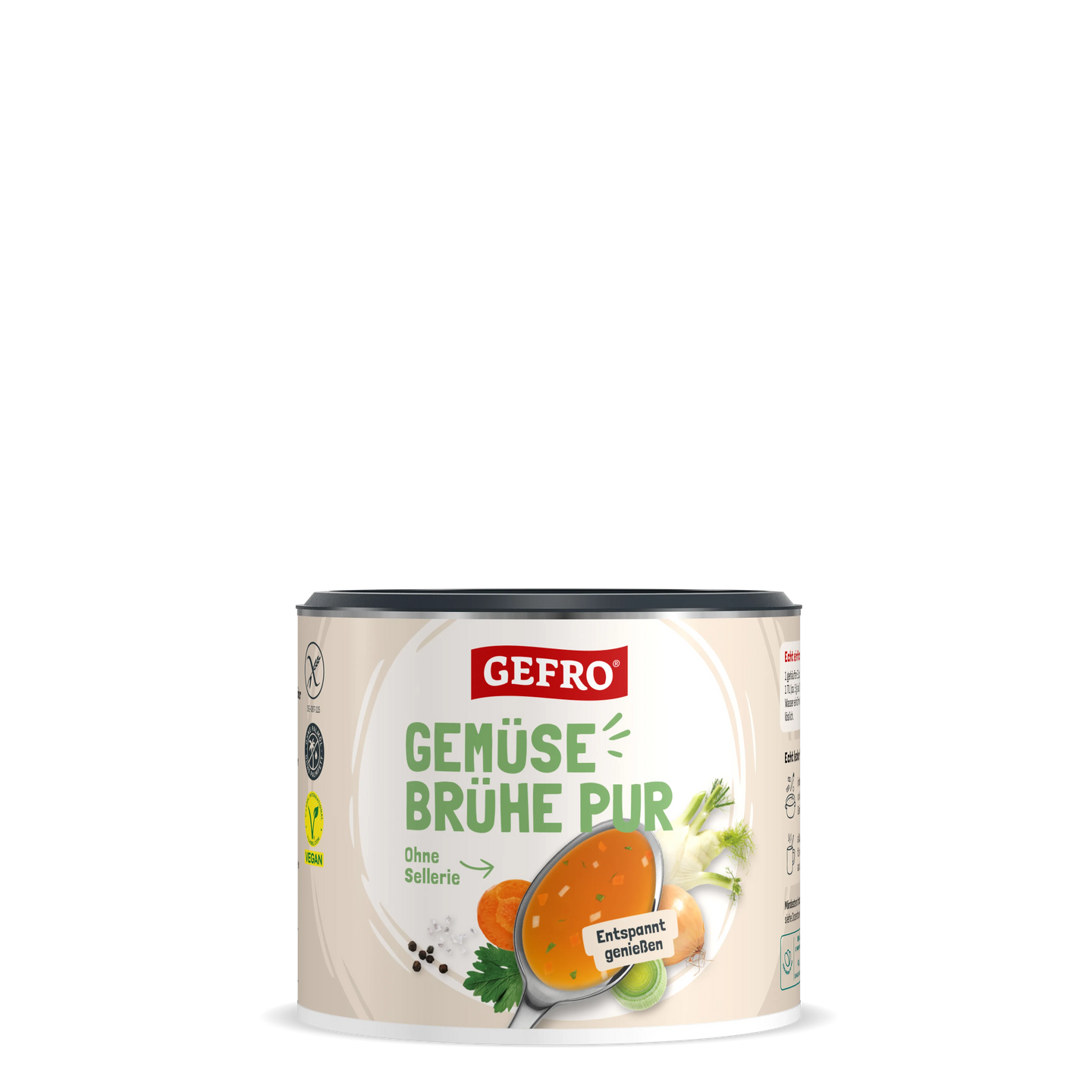 Dose GEFRO Gemüsebrühe Pur ohne Sellerie, mit Abbildung von Suppe, Karotte, Zwiebel und Lauch auf hellem Etikett