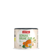 Dose GEFRO Gemüsebrühe Pur ohne Sellerie, mit Abbildung von Suppe, Karotte, Zwiebel und Lauch auf hellem Etikett