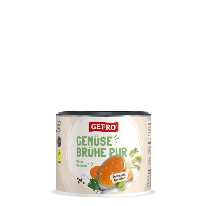 Dose GEFRO Gemüsebrühe Pur ohne Sellerie, mit Abbildung von Suppe, Karotte, Zwiebel und Lauch auf hellem Etikett