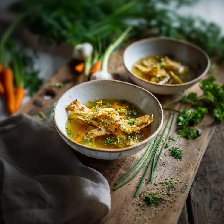Zwei Schalen klare Gemüsesuppe mit Flädle auf einem Holztisch, umgeben von frischen Kräutern und Karotten.