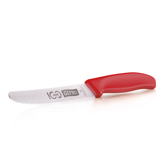 Kleines Küchenmesser mit Wellenschliff und rotem Griff, ideal zum Schneiden von Gemüse, Obst und Brötchen