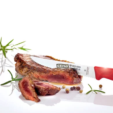 Gebratenes Steak mit angeschnittenen Stücken auf weißem Hintergrund, daneben Messer mit rotem Griff und Kräuter