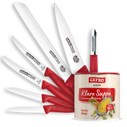 Set mit roten Küchenmessern und Sparschäler vor einer Dose GEFRO Klare Suppe, als Küchen- und Geschenkset präsentiert