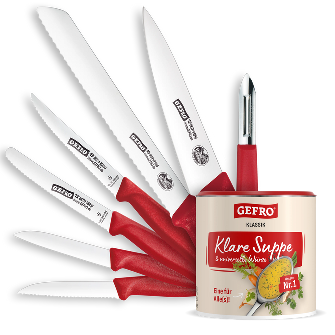 Set mit roten Küchenmessern und Sparschäler vor einer Dose GEFRO Klare Suppe, als Küchen- und Geschenkset präsentiert