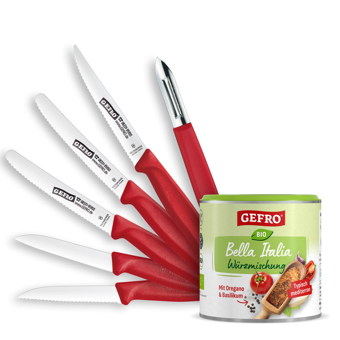 Set mit fünf Küchenmessern und Sparschäler mit roten Griffen neben Dose GEFRO Bio Bella Italia Würzmischung