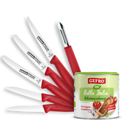 Set mit fünf Küchenmessern und Sparschäler mit roten Griffen neben Dose GEFRO Bio Bella Italia Würzmischung