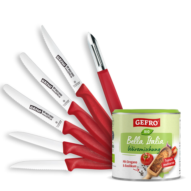 Set mit fünf Küchenmessern und Sparschäler mit roten Griffen neben Dose GEFRO Bio Bella Italia Würzmischung