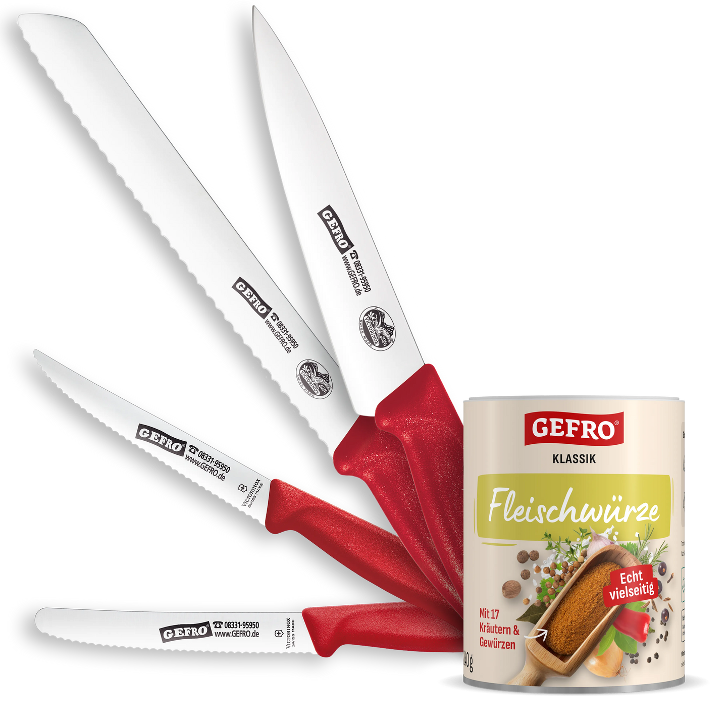 Vier rote Küchenmesser mit Edelstahlklingen neben einer Dose GEFRO Fleischwürze, freigestellt auf schwarzem Hintergrund