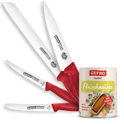 Vier rote Küchenmesser mit Edelstahlklingen neben einer Dose GEFRO Fleischwürze, freigestellt auf schwarzem Hintergrund
