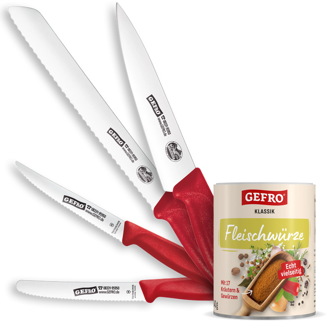 Vier rote Küchenmesser mit Edelstahlklingen neben einer Dose GEFRO Fleischwürze, freigestellt auf schwarzem Hintergrund
