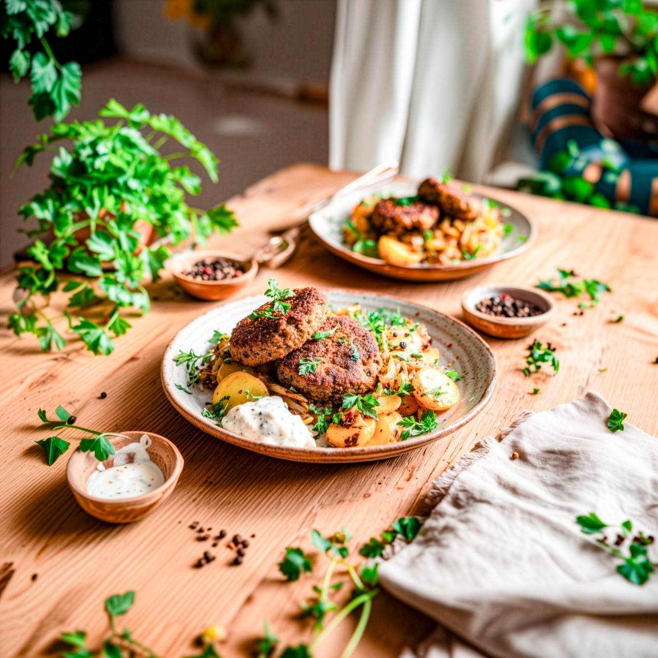 Teller mit gebratenen Frikadellen, Kartoffeln und Kräutern auf Holztisch, dazu Schale mit heller Soße.