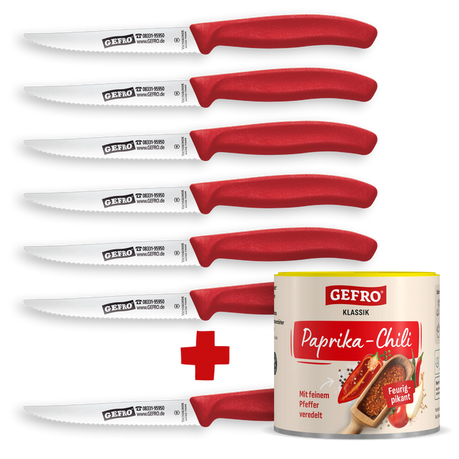 Sieben rote GEFRO Steakmesser mit Wellenschliff, kombiniert mit einer Dose Paprika-Chili Gewürz als Setangebot
