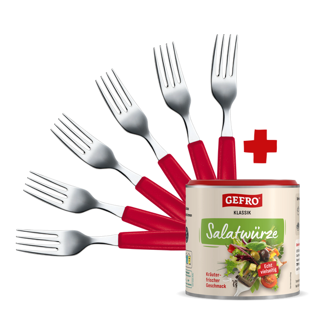 Sechs Gabeln mit roten Griffen fächern sich aus einer Dose GEFRO Salatwürze auf schwarzem Hintergrund auf.
