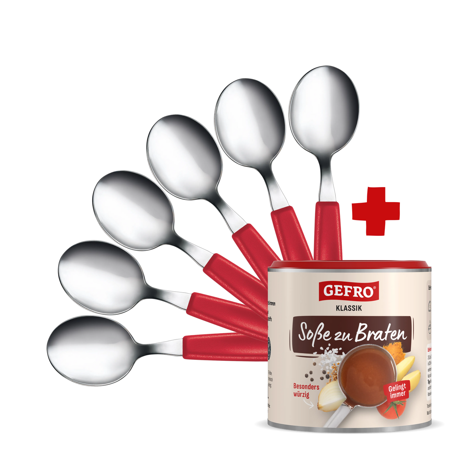 Sechs Messlöffel mit roten Griffen neben einer Dose GEFRO Soße zu Braten, als praktisches Set angeboten.