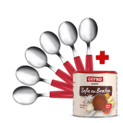 Sechs Messlöffel mit roten Griffen neben einer Dose GEFRO Soße zu Braten, als praktisches Set angeboten.