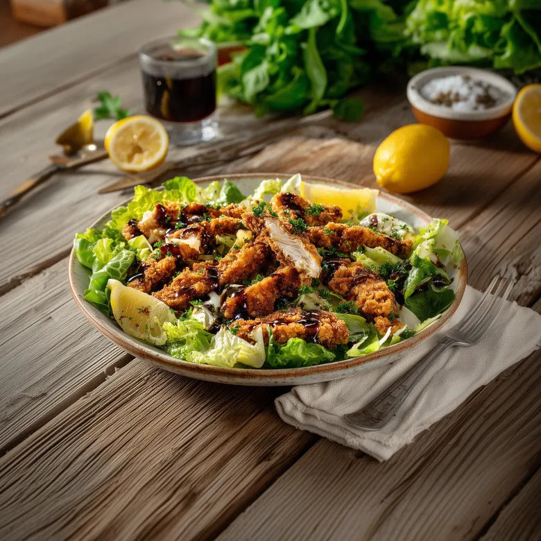 Salat mit knusprigen Hähnchenstreifen, Zitronenspalten und Dressing auf einem Teller aus Keramik auf Holztisch