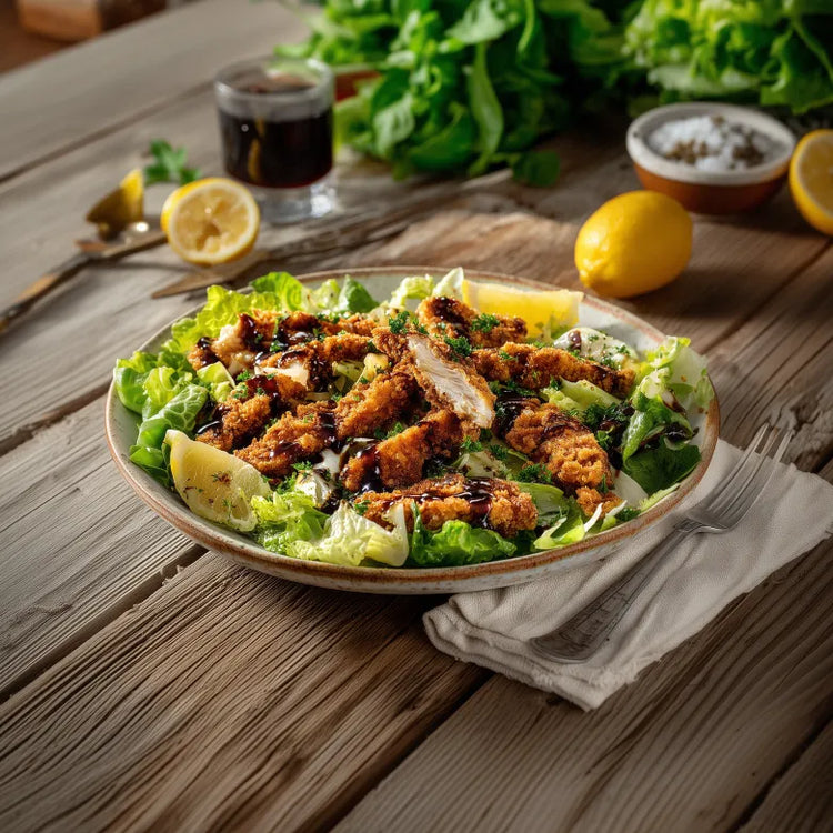 Salat mit knusprigen Hähnchenstreifen, Zitronenspalten und Dressing auf einem Teller aus Keramik auf Holztisch