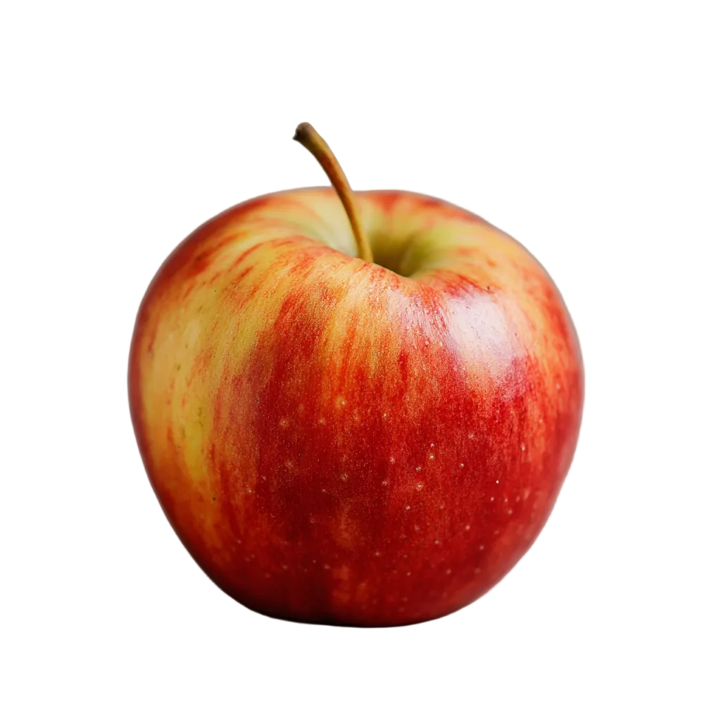 Rot-gelber Apfel mit glatter Schale und Stiel, freigestellt auf schwarzem Hintergrund, als Produktdarstellung