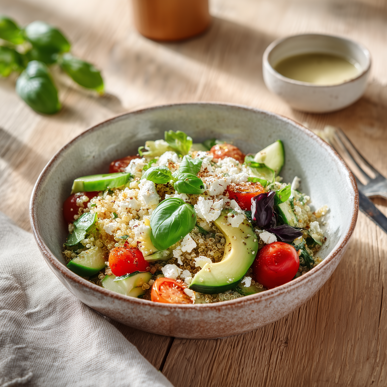 Schüssel mit Quinoasalat aus Avocado, Tomaten, Gurke, Feta und Basilikum auf Holztisch, daneben Dressing und Gabel