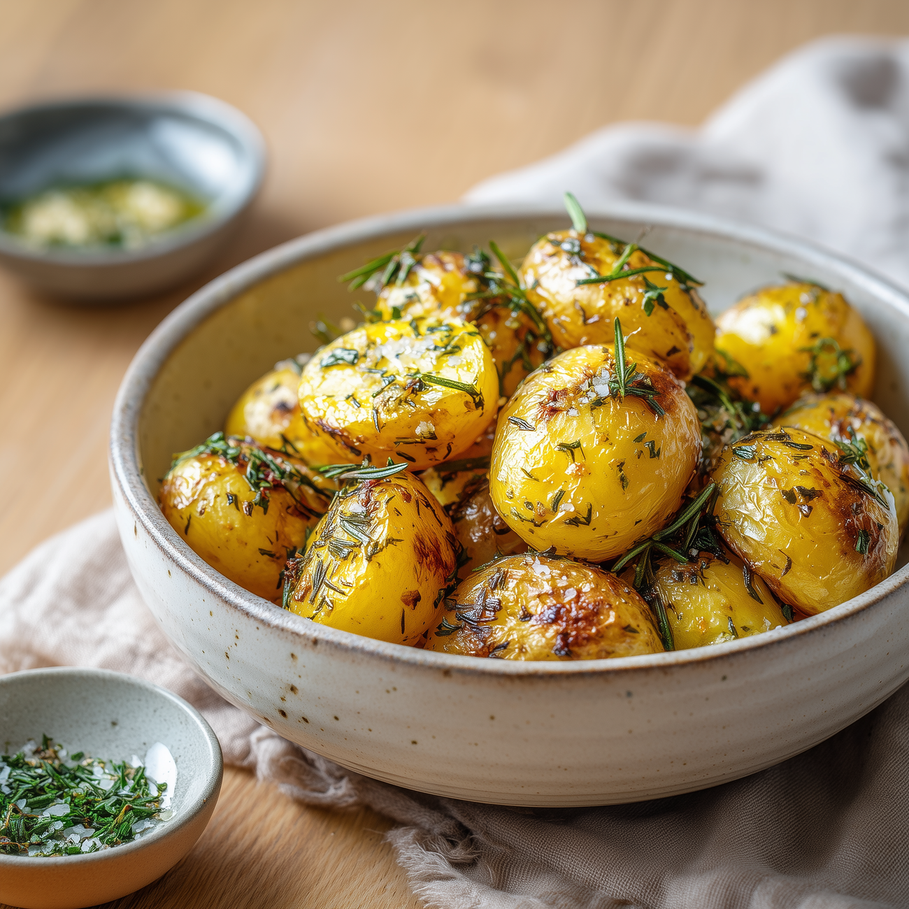 Schüssel mit goldbraunen Ofenkartoffeln, verfeinert mit Rosmarin, Thymian und grobem Salz auf Holztisch