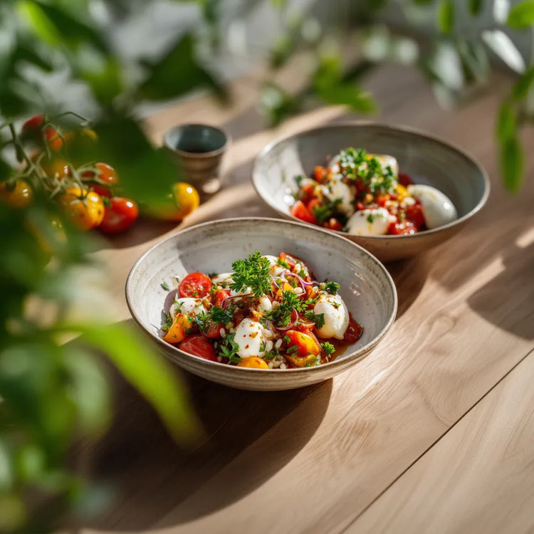 Zwei Keramikschalen mit Tomaten, Kräutern und Mozzarella auf Holztisch, dekorativ im warmen Sonnenlicht angerichtet