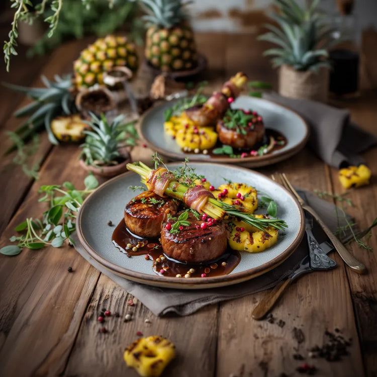 Zwei Teller mit gebratenem Fleisch, gegrillter Ananas und Kräutern auf rustikalem Holztisch angerichtet