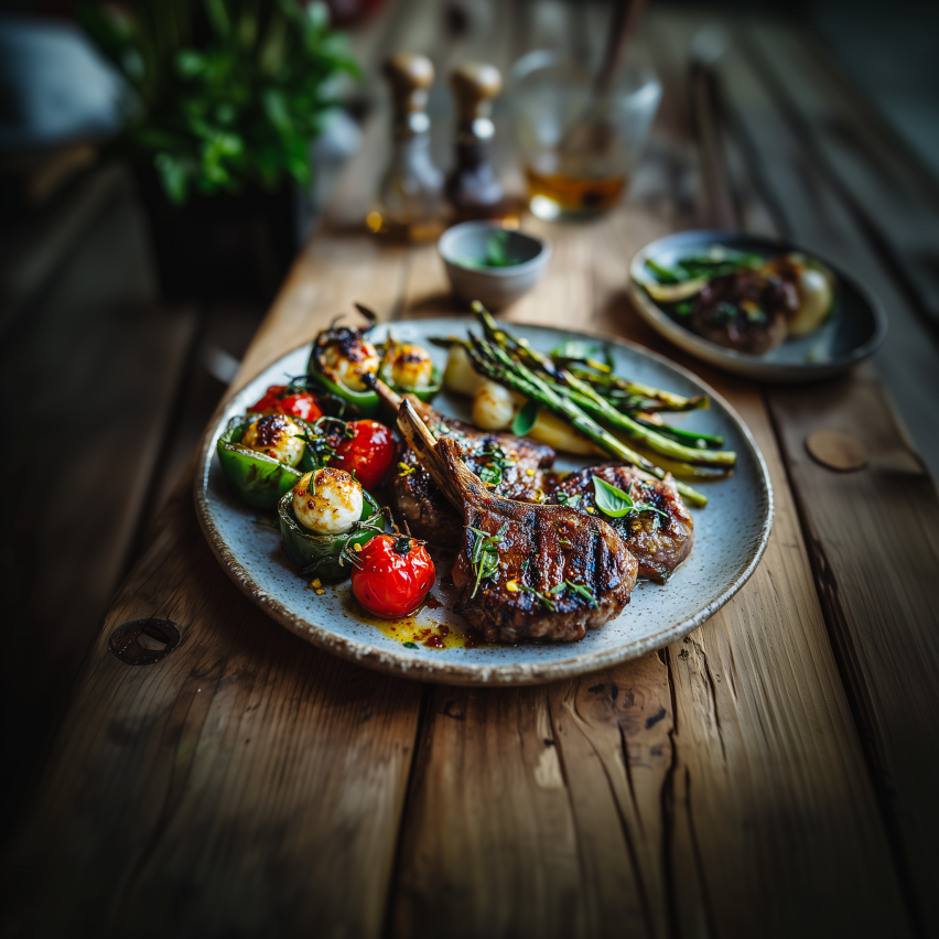 Gegrillte Lammkoteletts mit Spargel, Tomaten und kleinem Gemüse auf einem Teller aus Keramik auf Holztisch