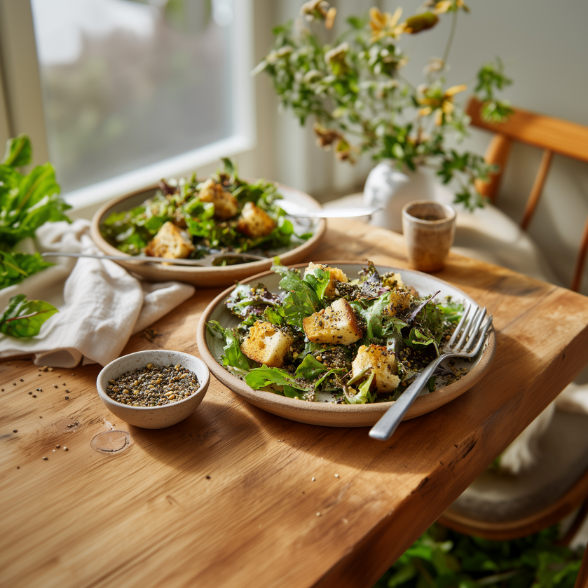 Zwei Teller mit frischem Blattsalat und knusprigen Croutons auf einem Holztisch im warmen Sonnenlicht.
