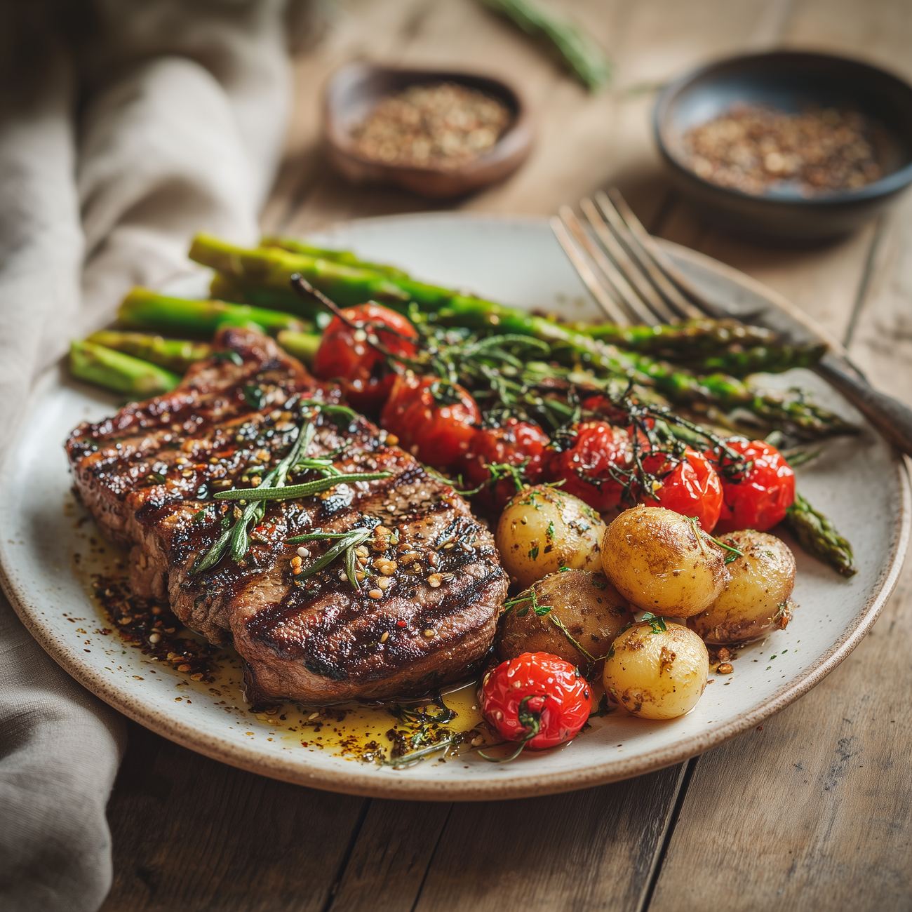 Gegrilltes Steak mit Spargel, Ofentomaten und kleinen Kartoffeln auf einem Teller, rustikal angerichtet.