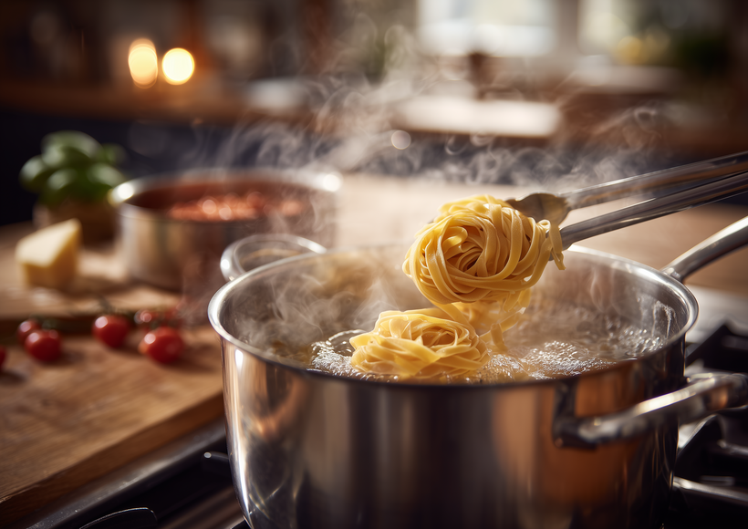 Tagliatelle werden mit einer Zange aus einem dampfenden Topf gehoben, im Hintergrund liegen Tomaten und Käse bereit.