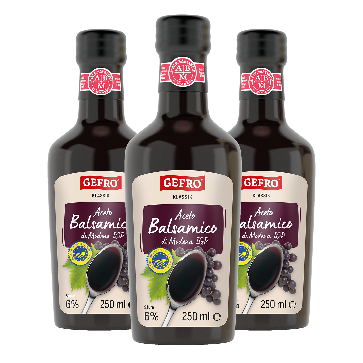 Drei Flaschen GEFRO Aceto Balsamico di Modena IGP Klassik, 250 ml, als Produktabbildung freigestellt dargestellt