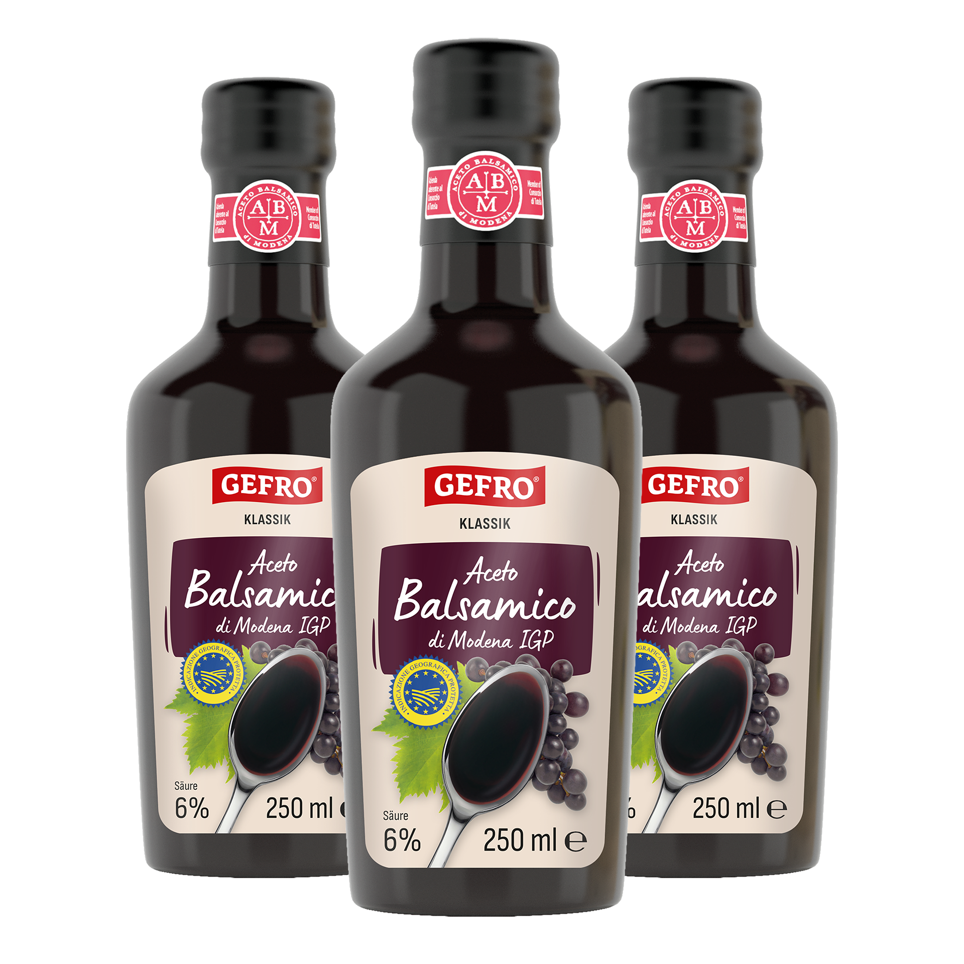 Drei Flaschen GEFRO Aceto Balsamico di Modena IGP Klassik, 250 ml, als Produktabbildung freigestellt dargestellt