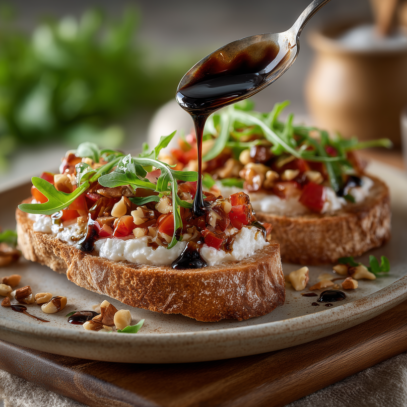 Zwei knusprige Brote mit Frischkäse, Tomaten, Rucola und Nüssen, darüber wird dunkle Sauce geträufelt.