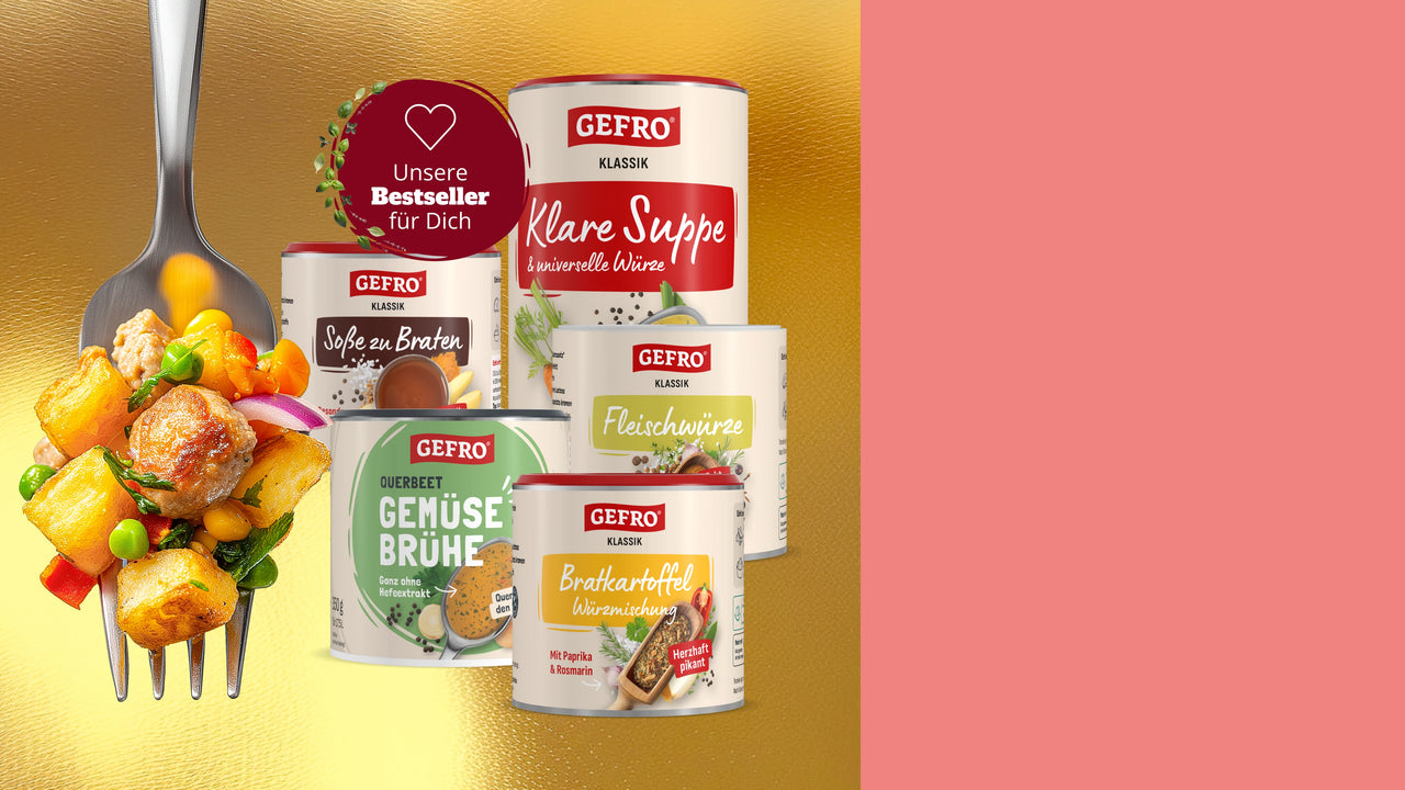 Fünf GEFRO Gewürz- und Brühe-Dosen vor goldenem Hintergrund, daneben eine Gabel mit Kartoffeln und Gemüse