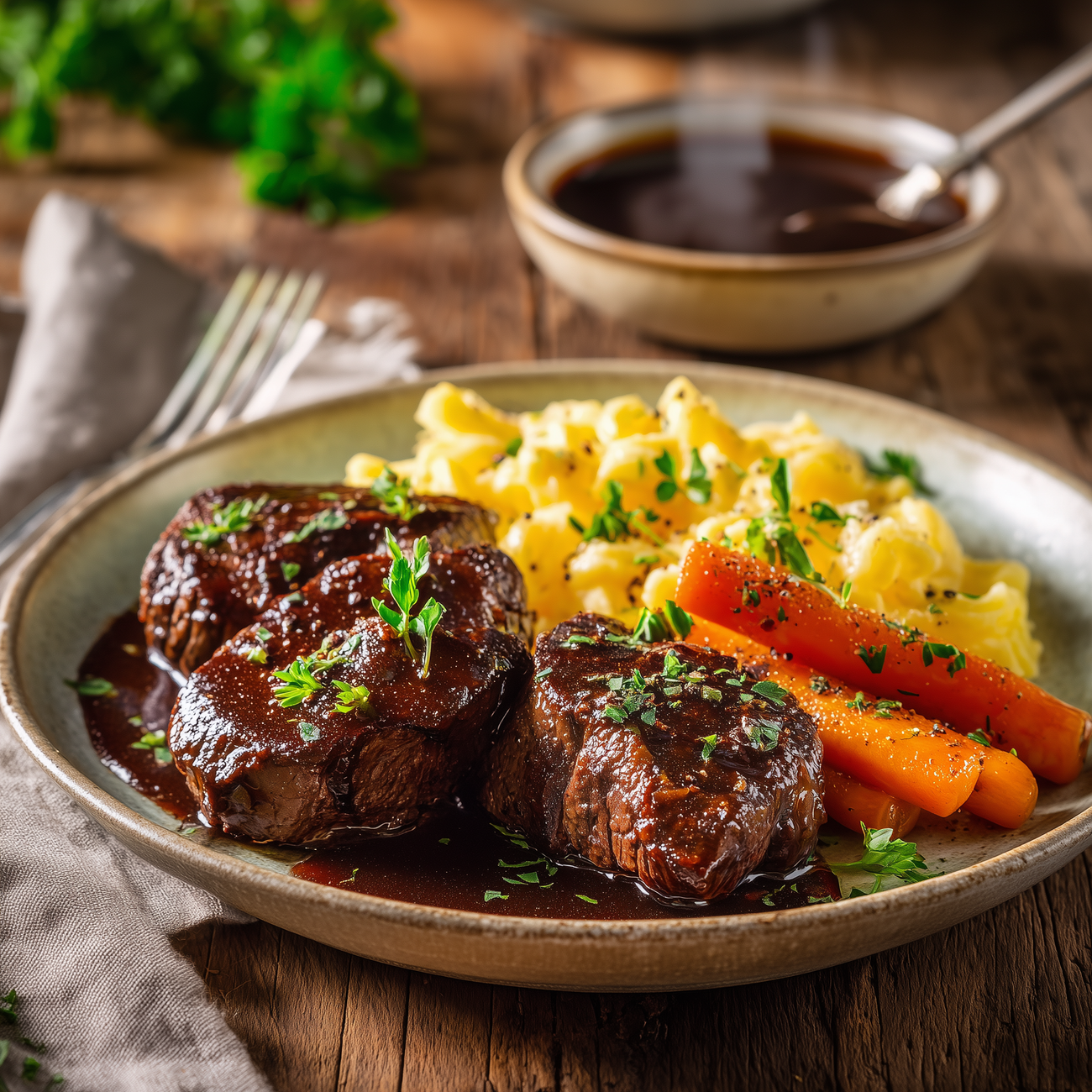 Rinderfilet mit dunkler Soße, Kartoffelpüree und glasierten Möhren auf einem Teller, servierfertig angerichtet