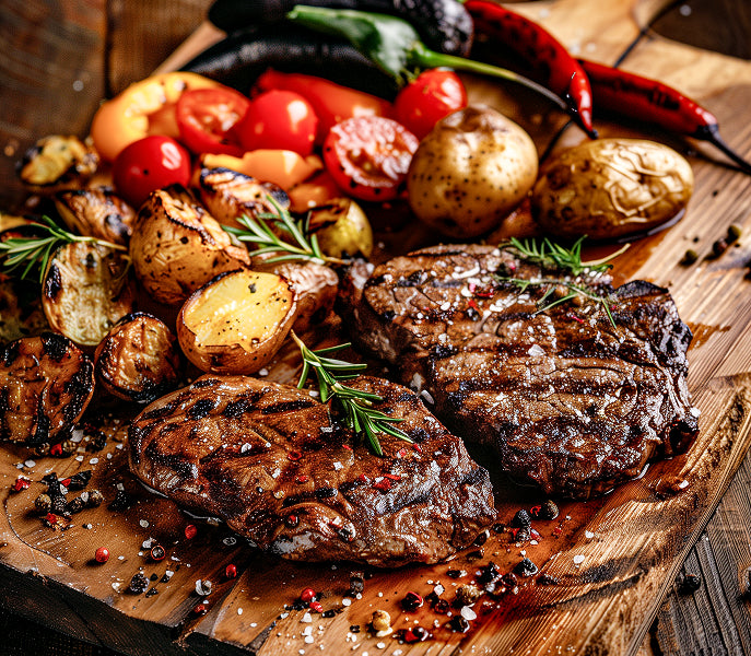 Gegrillte Steaks mit Kartoffeln, Tomaten und Paprika auf Holzbrett, appetitvoll als Hauptgericht angerichtet