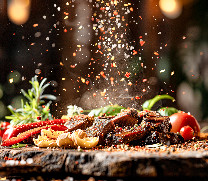 Saftiges gegrilltes Fleisch mit Kräutern, Knoblauch und Gewürzen auf rustikalem Brett, Gewürze fallen herab