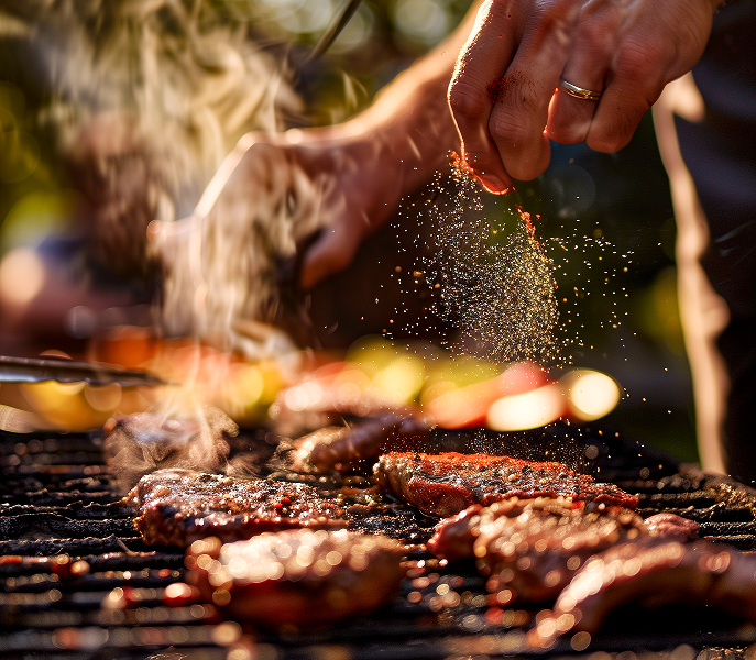Hand würzt Fleisch auf dem Grill, Rauch steigt auf, saftige Stücke braten bei warmem Abendlicht im Freien