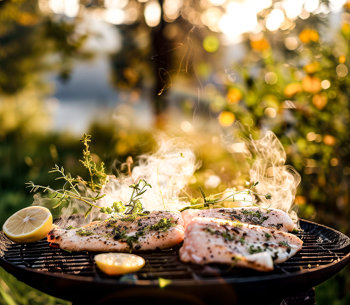 Zwei gewürzte Fischfilets grillen auf einem Rost im Garten, mit Kräutern, Zitronenhälfte und aufsteigendem Dampf.