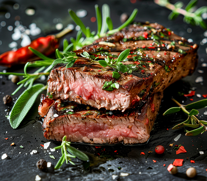 Zwei saftige Rindersteaks, rosa gebraten, mit Kräutern und grobem Salz auf dunkler Platte angerichtet