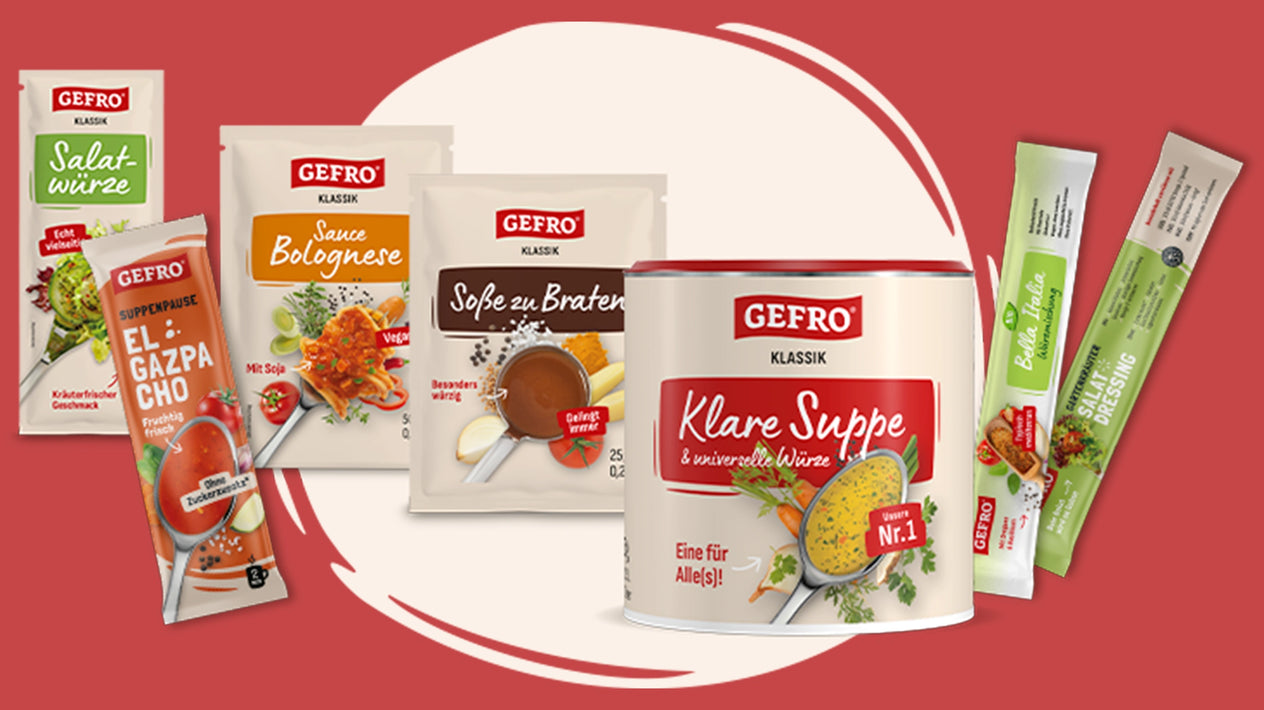 Offene GEFRO Probierbox mit Suppen, Sauce Bolognese, Salatwürze und Broschüren zur Produktübersicht