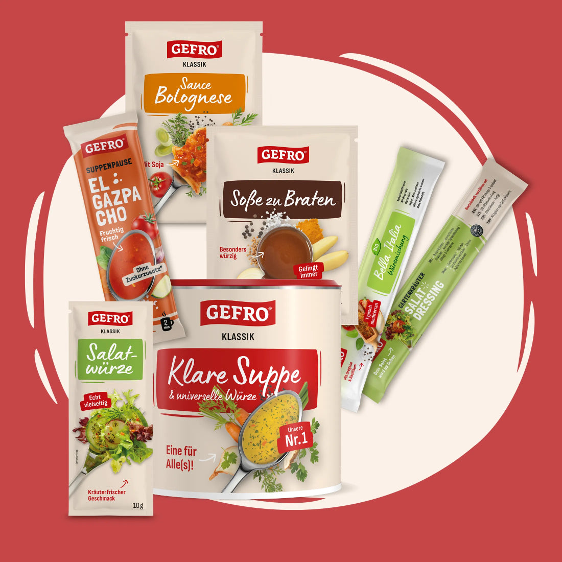 Auswahl von Gefro Produkten für Suppe, Soße, Salatdressing und Gazpacho auf rotem Hintergrund.