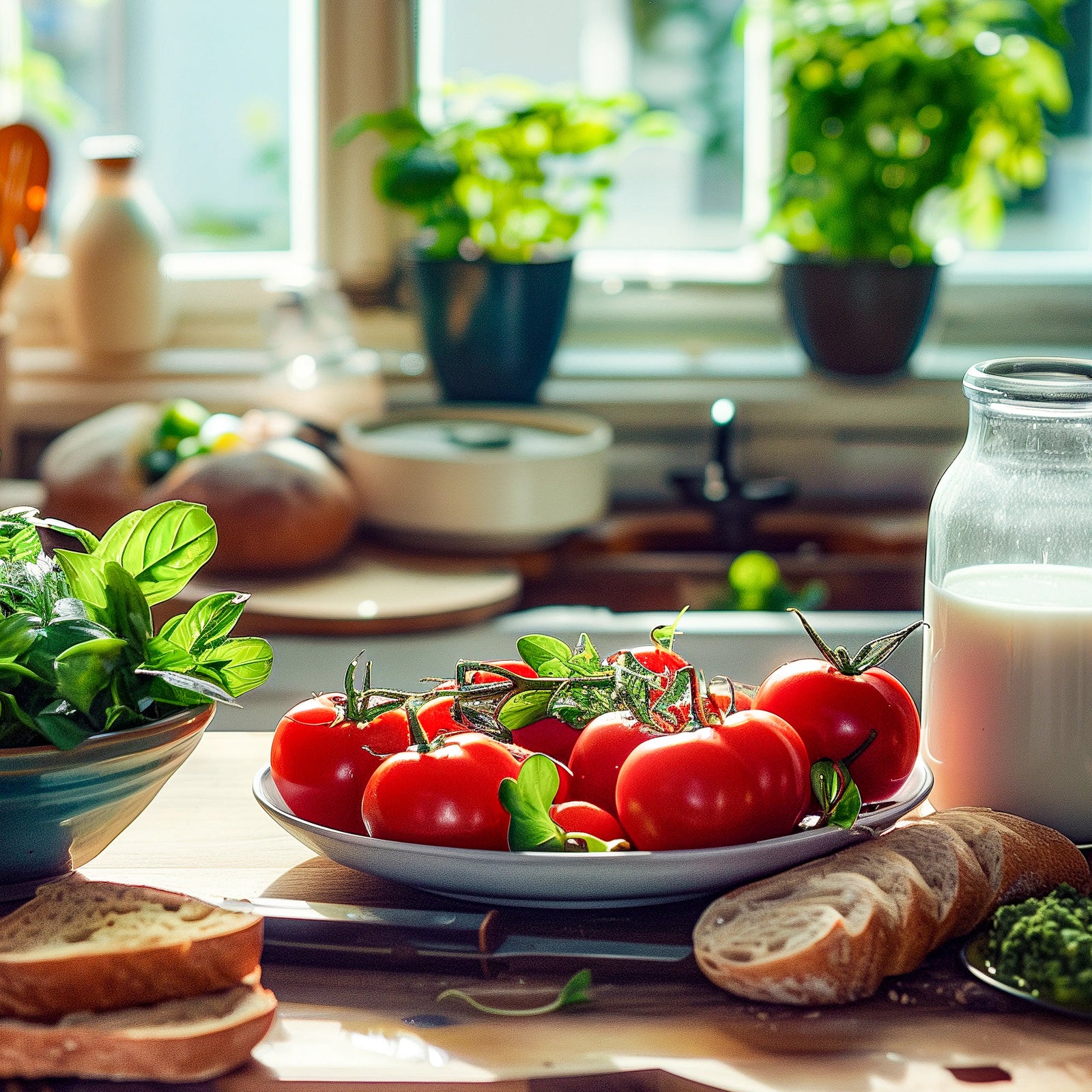 Teller mit frischen Tomaten und Basilikum auf Küchentisch, daneben Brot und Milch in hellem Tageslicht