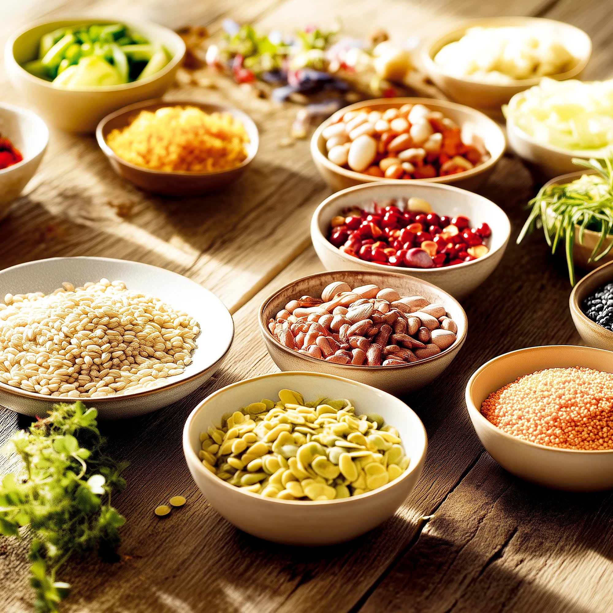 Schalen mit Getreide, Bohnen, Kernen und frischem Gemüse auf Holztisch, als Auswahl für gesunde Zutaten