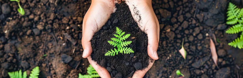 Hände halten dunkle Erde mit kleinem grünem Farn, Symbol für Natur, Wachstum und nachhaltiges Gärtnern