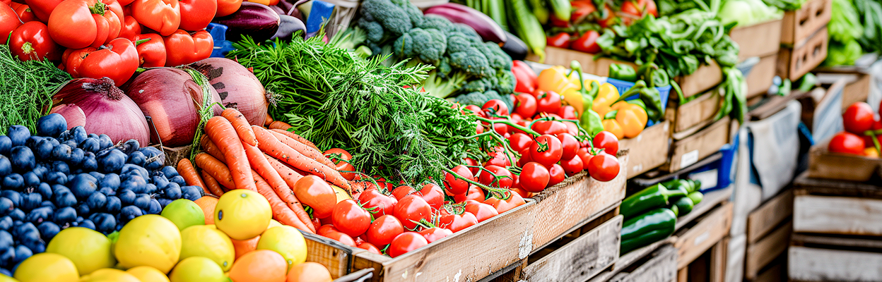 Frisches Gemüse und Obst auf Marktständen mit Tomaten, Karotten, Zwiebeln, Trauben und Zitronen in Holzkisten