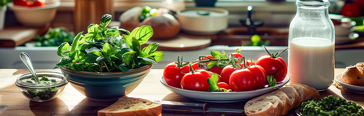 Frische Zutaten auf dem Küchentisch: Basilikum, Tomaten, Milch, Brot und Kräuter für die Zubereitung einer Mahlzeit